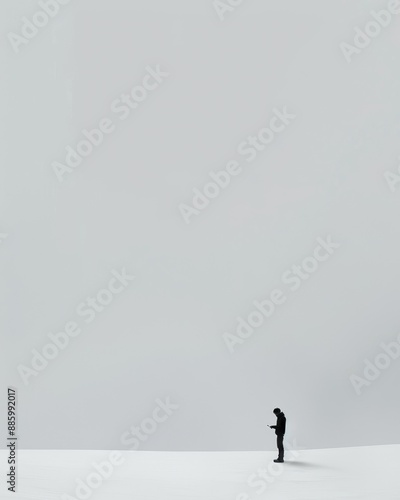 A person stands alone in a vast, minimalist grey and white space, looking down at a smartphone