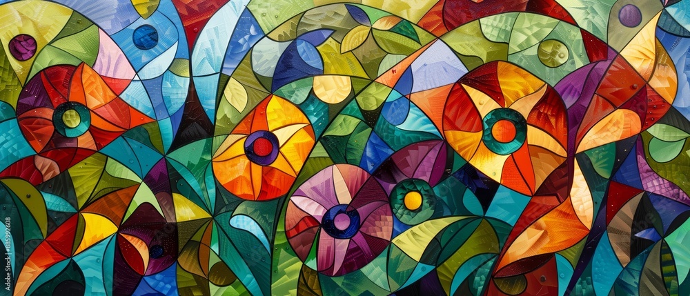 Vibrant stained glass art featuring abstract floral patterns with rich colors, geometric shapes, and intricate details creating a lively and dynamic visual effect Vibrant stained glass art featuring abstract floral patterns with rich colors, geometric shapes, and intricate details creating a lively and dynamic visual effect