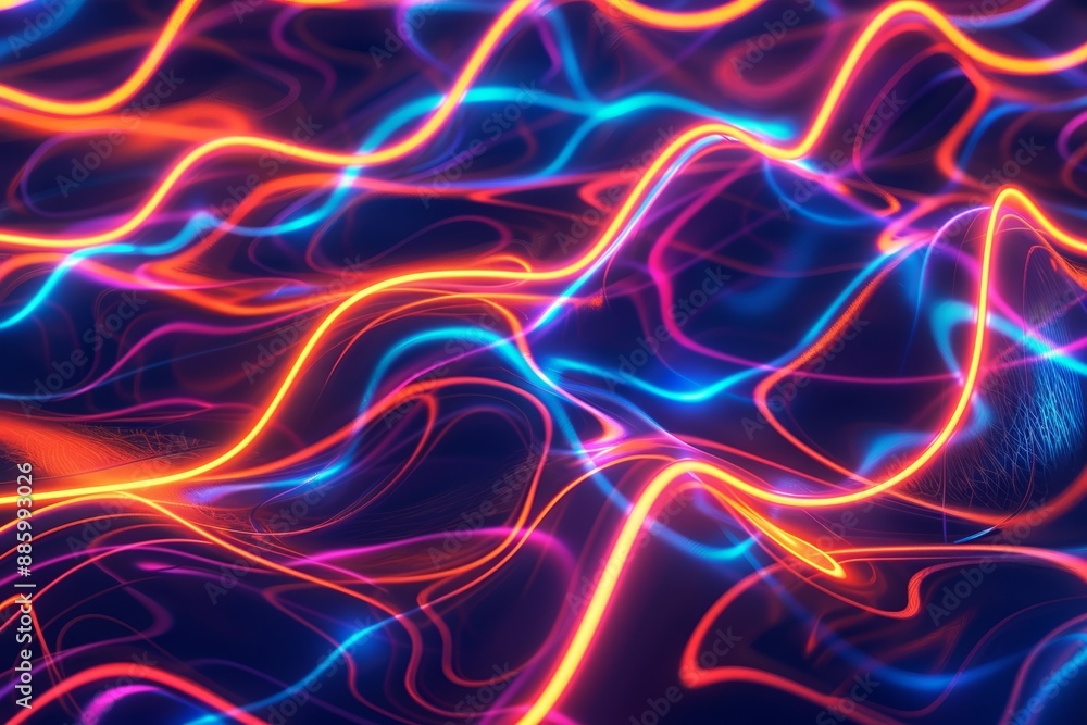 Obraz premium A vibrant digital artwork showcasing flowing neon lines in blue, pink, and orange hues over a dark background, creating an energetic and dynamic visual effect