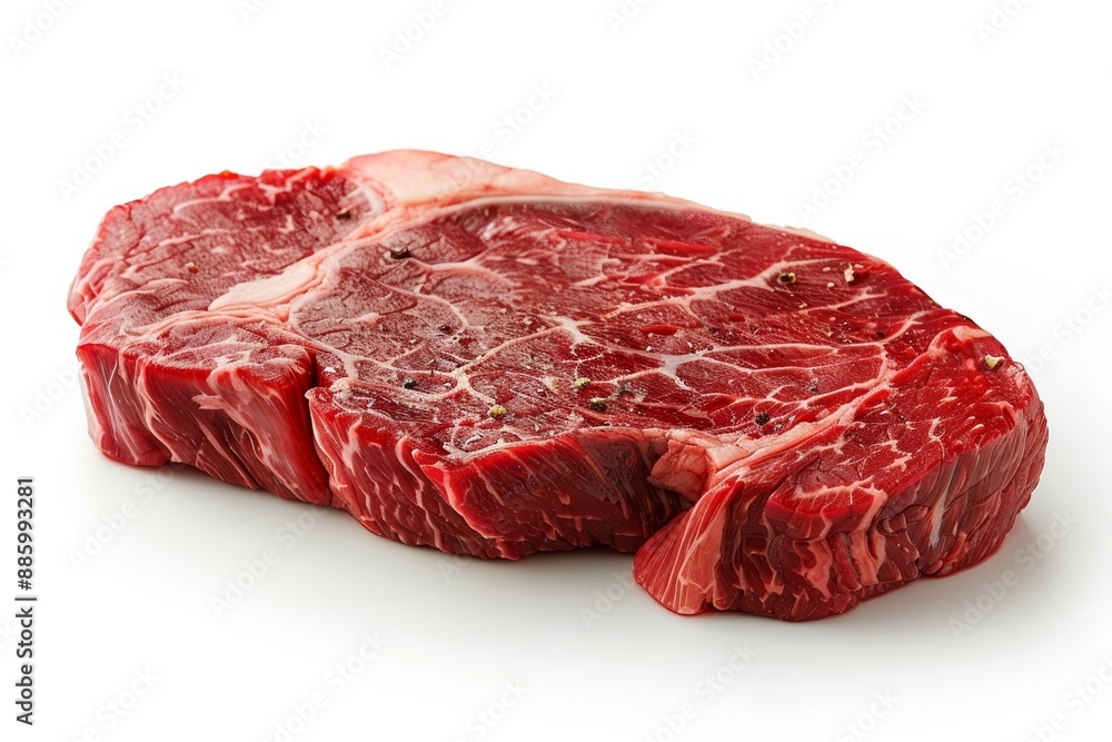Fototapeta premium Close-up of a raw, marbled steak with visible fat lines, showcasing its fresh and high-quality meat texture on a white background