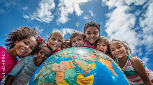 Diverse Group of Children Smiling and Holding a Globe Outdoors on a Sunny Day