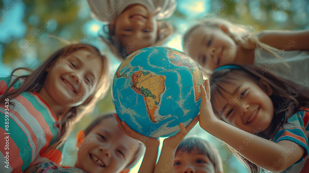 Smiling Children Holding A Globe Together Outdoors During The Day Smiling Children Holding A Globe Together Outdoors During The Day