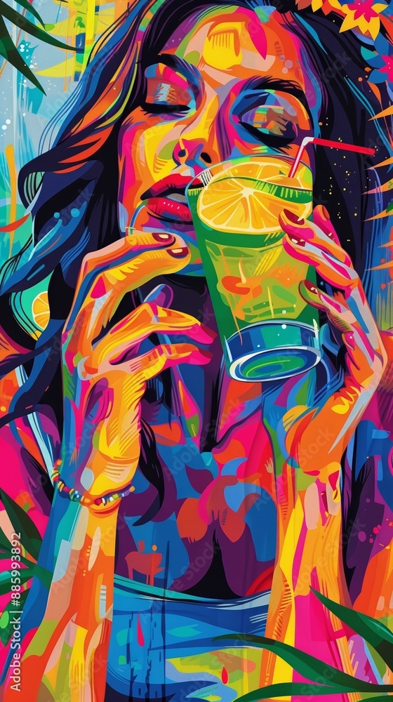 Vibrant, colorful painting of a woman enjoying a refreshing drink with a slice of lemon on a hot day, surrounded by abstract patterns Vibrant, colorful painting of a woman enjoying a refreshing drink with a slice of lemon on a hot day, surrounded by abstract patterns