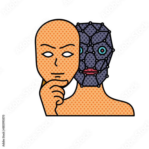 deep fake concept robot wearing human face mask halftone hand drawn  color vector illustration