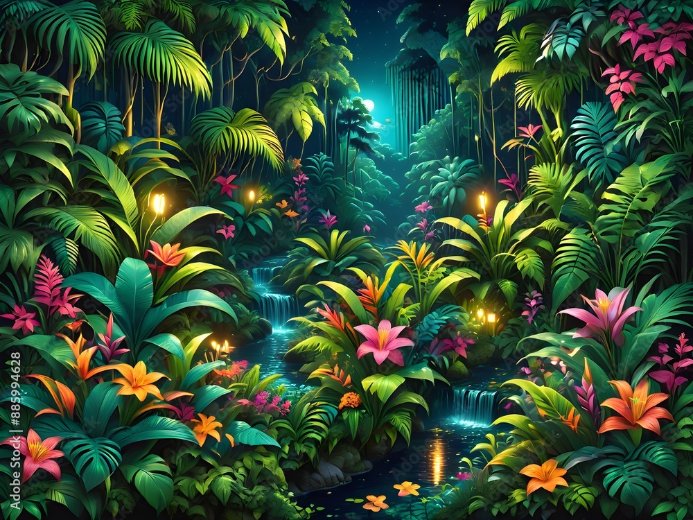 Generative AI. Background abstrak flowery jungle at night Generative AI. Background abstrak flowery jungle at night