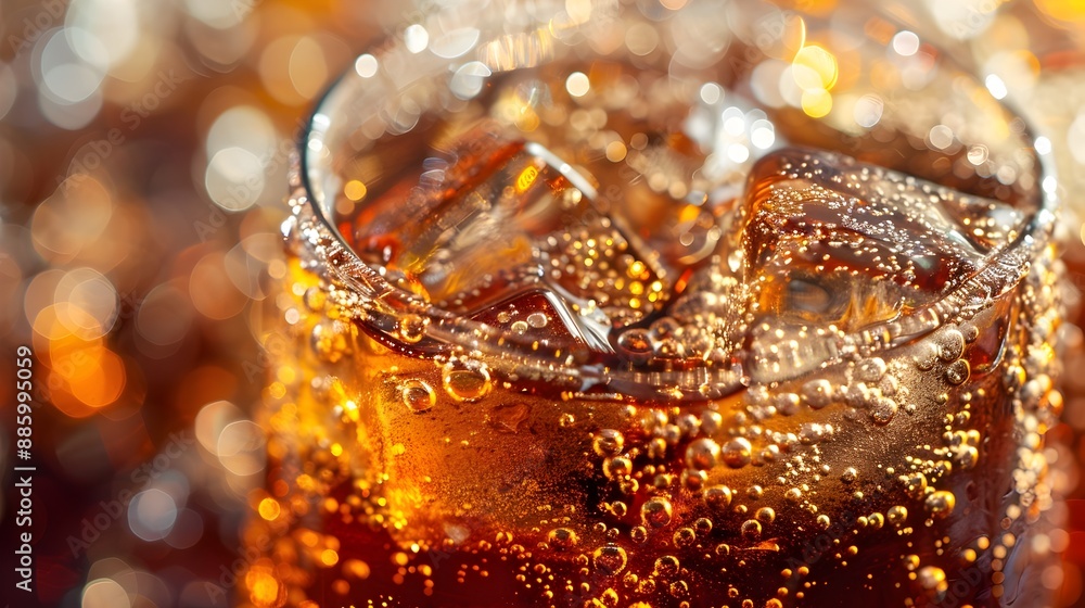 Macro Shot of a Cola Drink with Sparkling Bubbles and Reflections in a Glass Macro Shot of a Cola Drink with Sparkling Bubbles and Reflections in a Glass
