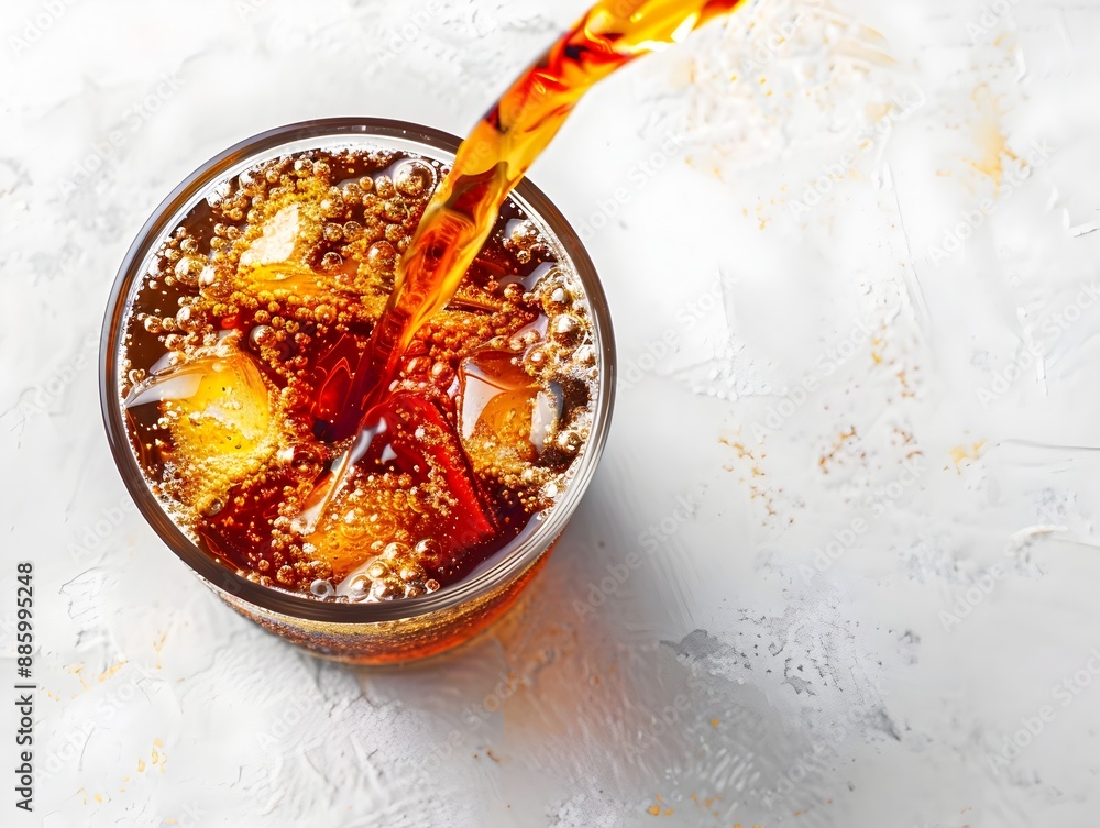 Fototapeta premium Pouring Cola Beverage with Transparent Glass and Ice Cubes on Textured Background