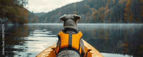Dog wearing a life jacket kayaking on a lake.