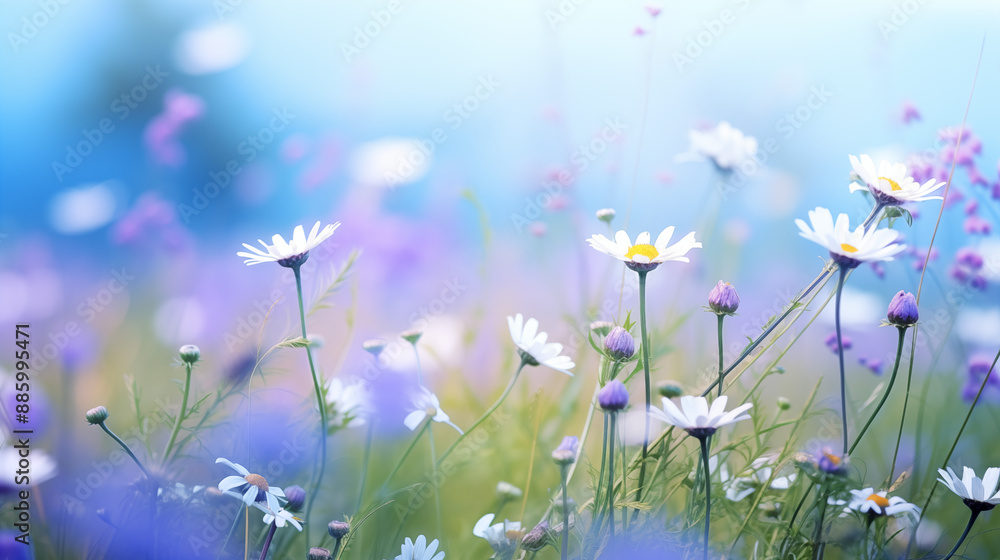 Beautiful wild flowers chamomile, purple wild peas Beautiful wild flowers chamomile, purple wild peas