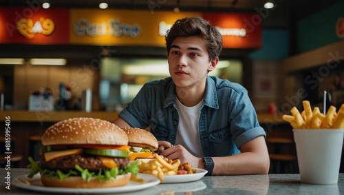 Young Man Enjoying Fast Food Feast and Eating Burger 