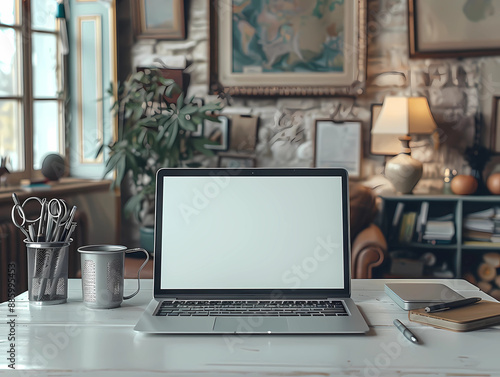 Laptop on desk with blank screen for mockup ,generated ai