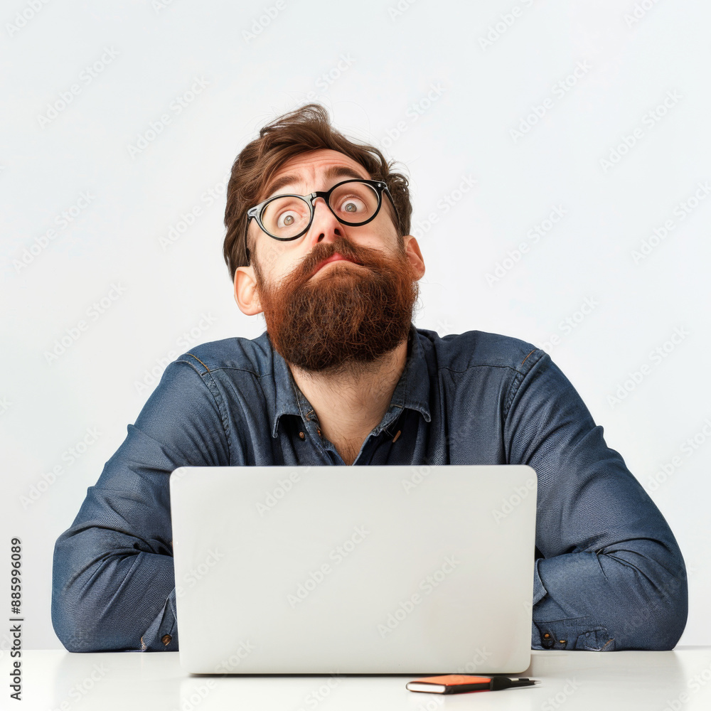 developer sitting at a desk with a laptop looking delighted. on white background developer sitting at a desk with a laptop looking delighted. on white background
