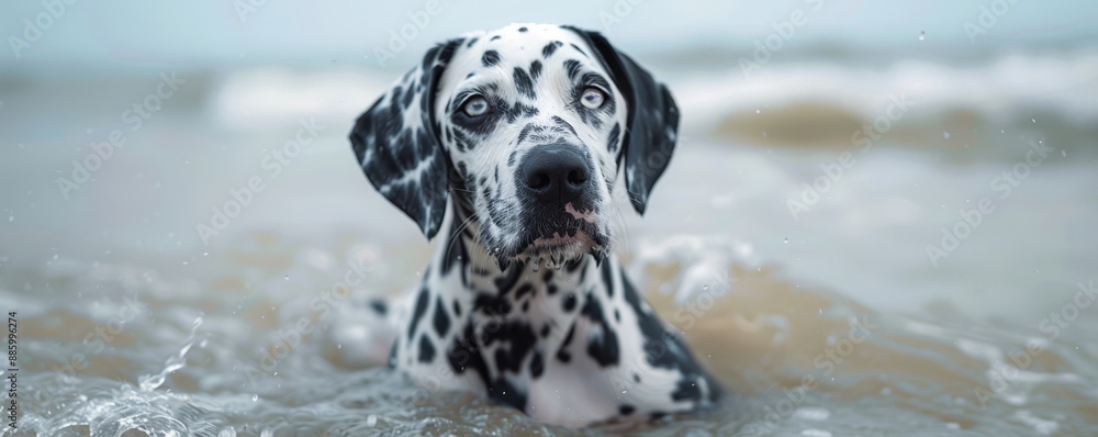 Dalmatian dog with striking blue eyes enjoying a swim in the sea, capturing the essence of summer and outdoor adventure. Dalmatian dog with striking blue eyes enjoying a swim in the sea, capturing the essence of summer and outdoor adventure.