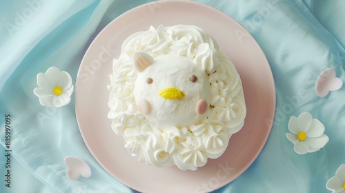 A small cake with white frosting on the top, shaped like an animal's head and face light blue checkered fabric underneath that reflects the colors from above