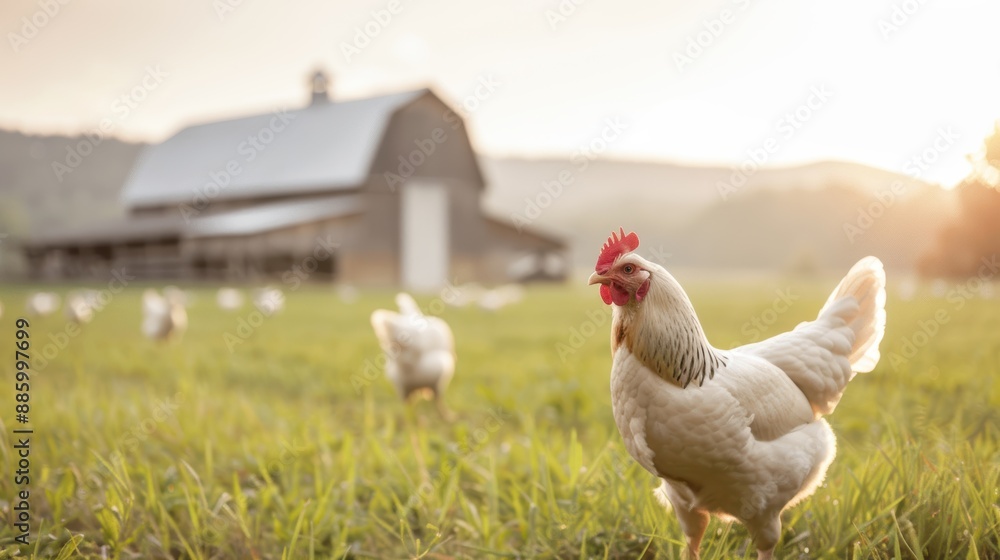 A picturesque scene of chickens roaming freely in a large, open grassy field with a rustic barn in the background A picturesque scene of chickens roaming freely in a large, open grassy field with a rustic barn in the background