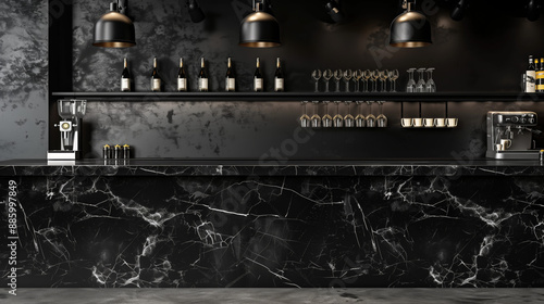 Black marble bar counter top with empty space or product mockup. restaurant counter. Cafe, Coffee shop, Countertop, Backdrop, Templates, Products display kitchen or bar. product placement 