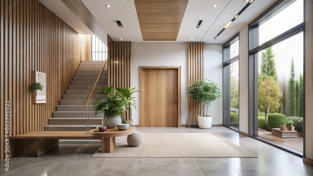 Fototapeta premium Serene entrance hall with minimalist decor and wooden accents, serene, entrance hall, minimalist, decor, wooden