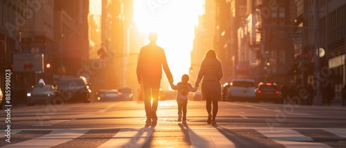 A family crossing a busy street in the city, holding hands and their silhouettes highlighted by the urban glow