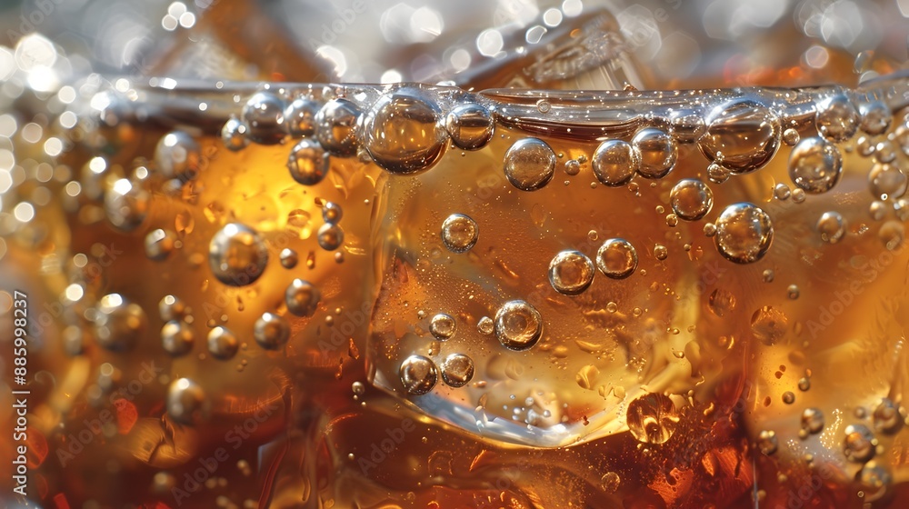 Sparkling and Alluring Close up of Carbonated Cola Drink in Glass with Transparent Bubbles and Condensation long title This close up image showcases Sparkling and Alluring Close up of Carbonated Cola Drink in Glass with Transparent Bubbles and Condensation long title This close up image showcases