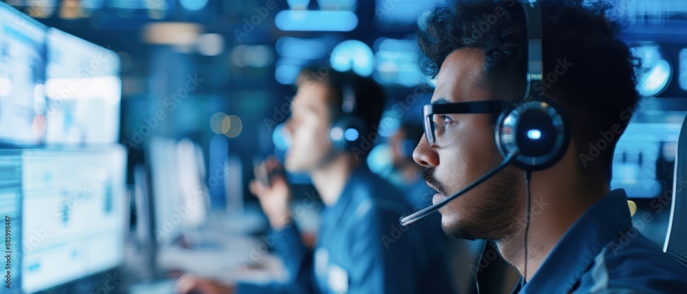 A call center agent discussing a tech support issue with a colleague, with the cityscape providing an impressive backdrop A call center agent discussing a tech support issue with a colleague, with the cityscape providing an impressive backdrop