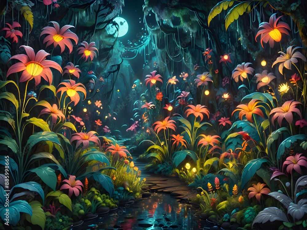 Generative AI. Background abstrak flowery jungle at night Generative AI. Background abstrak flowery jungle at night