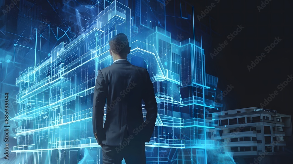 Obraz premium Business man demonstrating a blue hologram of a modern architectural building, emphasizing investment in real estate