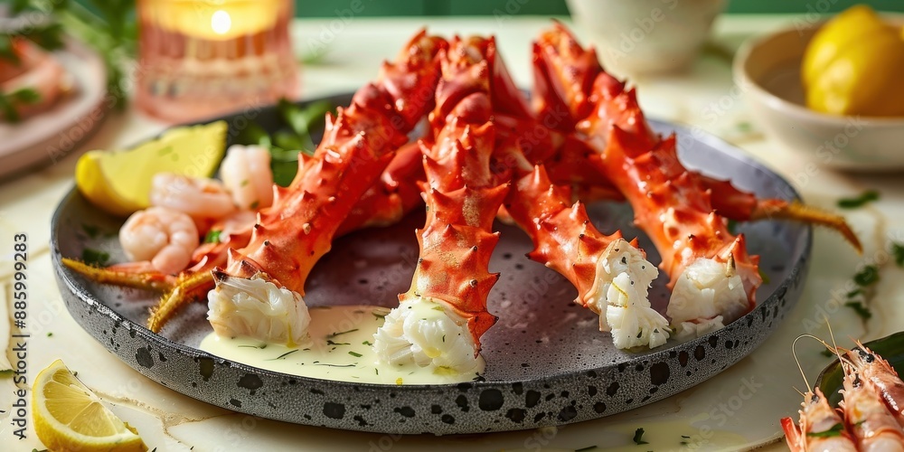 Gourmet Seafood Platter with Lobster Claws, Shrimps, and Lemon Slices on a Ceramic Plate Garnished with Herbs and Candlelit Ambiance Gourmet Seafood Platter with Lobster Claws, Shrimps, and Lemon Slices on a Ceramic Plate Garnished with Herbs and Candlelit Ambiance