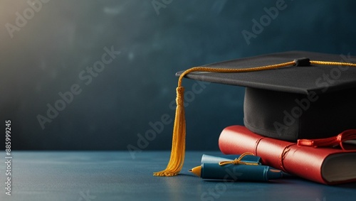 Graduation mortar hat, degree, and cap web banner on a blue panoramic background with copy space photo