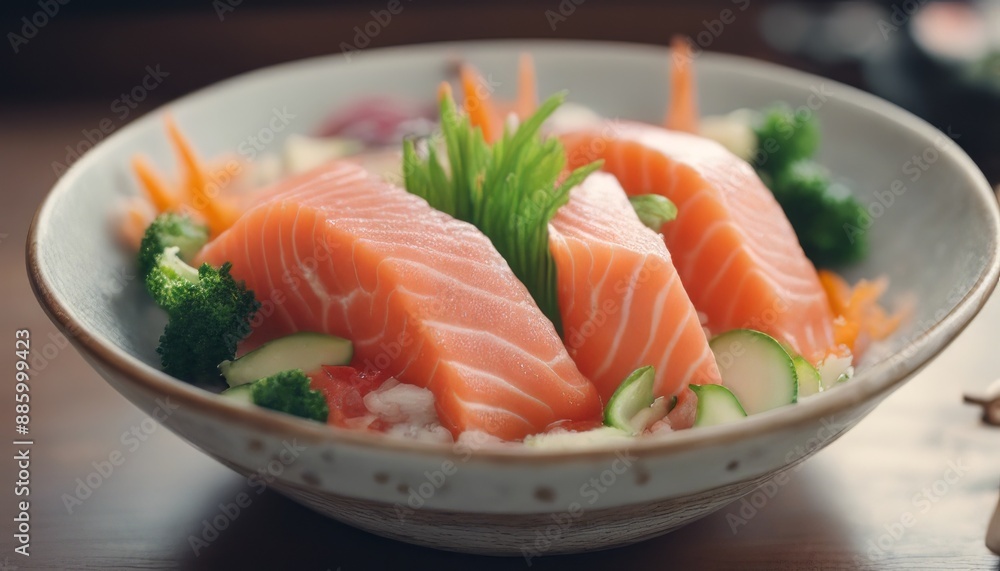 Raw Salmon sashimi with vegetable in ceramic bowl Raw Salmon sashimi with vegetable in ceramic bowl