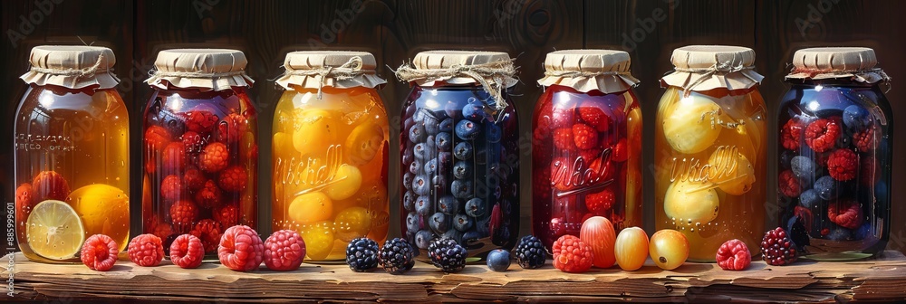 Various preserved foods showcased in elegant glass jars on charming wooden shelves Various preserved foods showcased in elegant glass jars on charming wooden shelves
