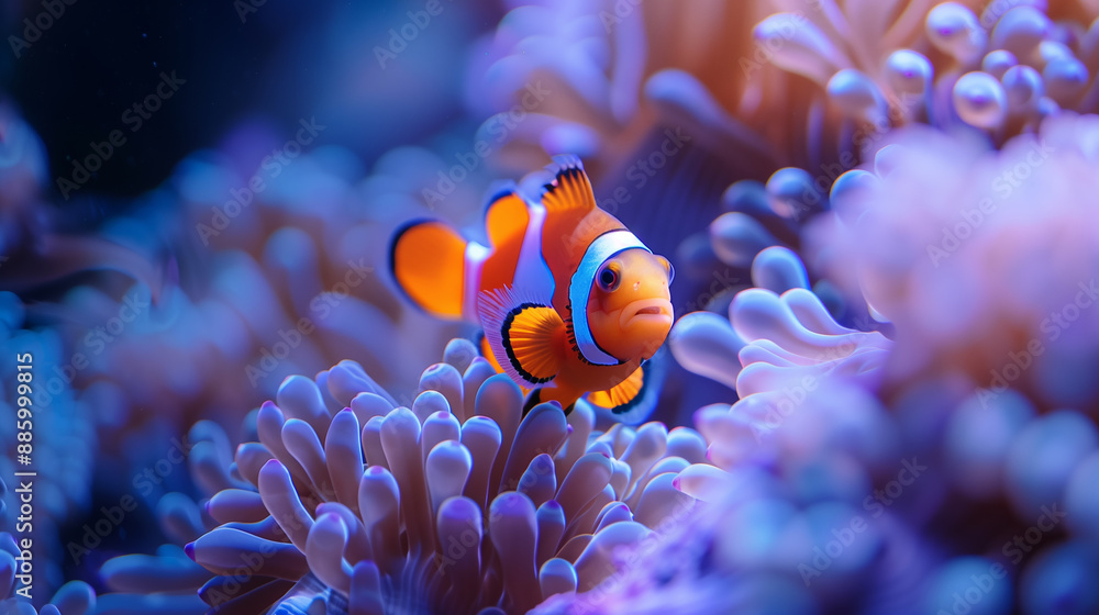 Clown fish with anemone in the deep sea underwater. Anemone fish Nemo background Clown fish with anemone in the deep sea underwater. Anemone fish Nemo background