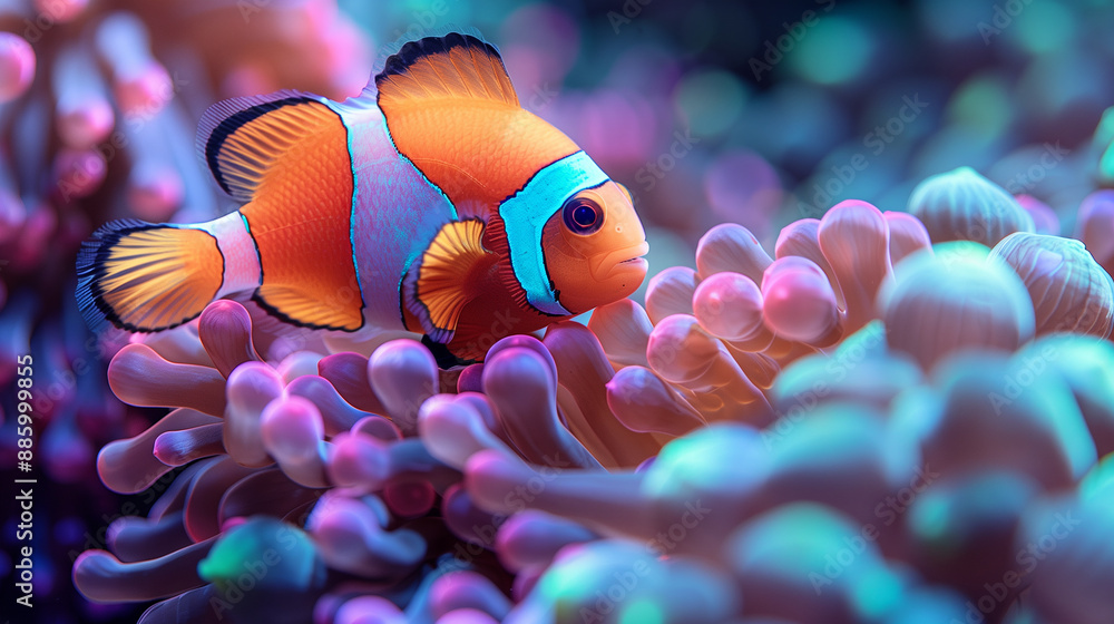 Clown fish with anemone in the deep sea underwater. Anemone fish Nemo background Clown fish with anemone in the deep sea underwater. Anemone fish Nemo background
