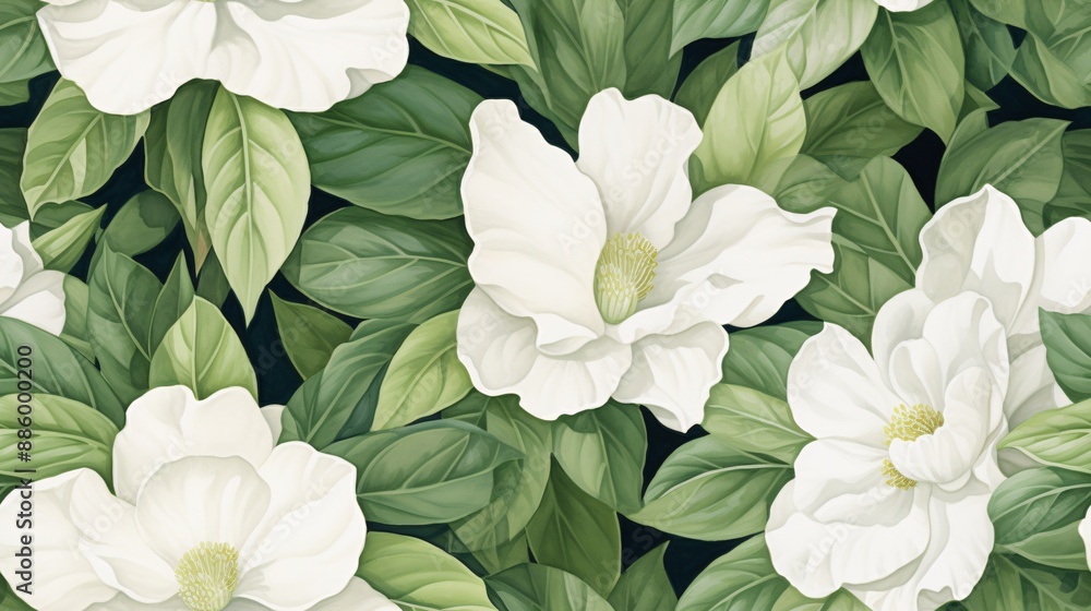 Luxurious watercolor pattern of white camellias and vibrant green leaves for a timeless look Luxurious watercolor pattern of white camellias and vibrant green leaves for a timeless look