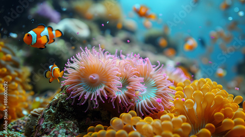 Clown fish with ​​anemone in the deep sea underwater. Anemone fish Nemo background