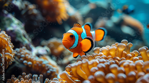 Clown fish with ​​anemone in the deep sea underwater. Anemone fish Nemo background