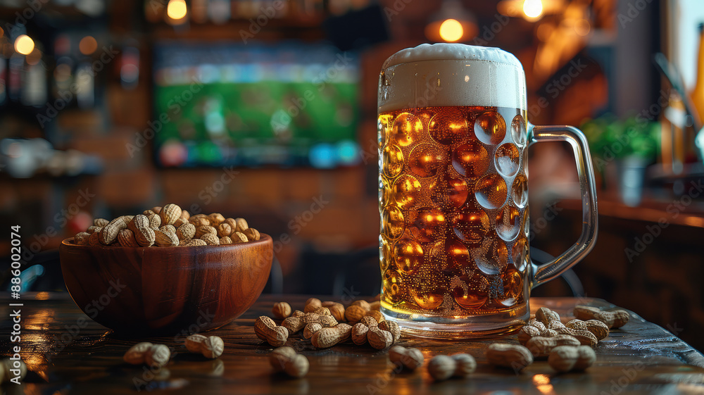 Beer Mug and Peanuts in Pub with Soccer on TV Beer Mug and Peanuts in Pub with Soccer on TV