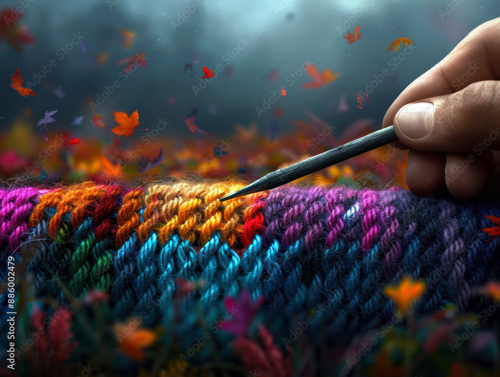 A hand is painting a colorful yarn with a black needle. The yarn is made up of many different colors, and the hand is carefully weaving the needle through the threads A hand is painting a colorful yarn with a black needle. The yarn is made up of many different colors, and the hand is carefully weaving the needle through the threads