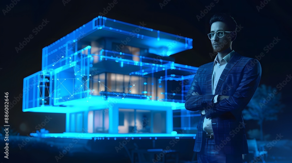 Fototapeta premium Business professional with a futuristic blue hologram of a sleek building, emphasizing real estate investment potential
