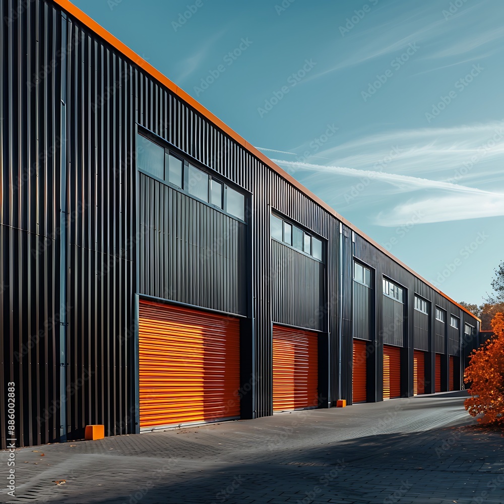An exterior of a self storage warehouse offering secure and convenient storage solutions. An exterior of a self storage warehouse offering secure and convenient storage solutions.