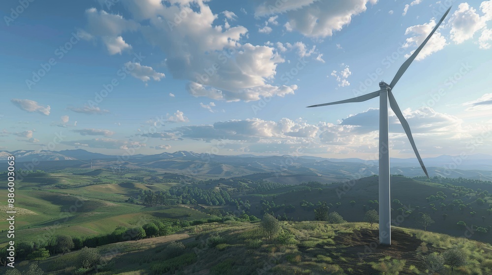 A wind turbine is a tall tower with long blades that spin when the wind blows. It generates clean and renewable energy, helping us reduce our reliance on fossil fuels.