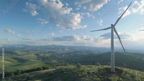 Obraz na płótnie A wind turbine is a tall tower with long blades that spin when the wind blows. It generates clean and renewable energy, helping us reduce our reliance on fossil fuels. w salonie