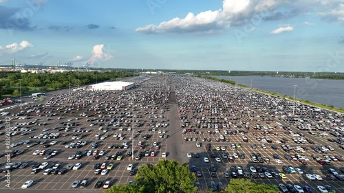 Aerial View of a Massive Parking Lot with New Cars at Port of Philadelphia