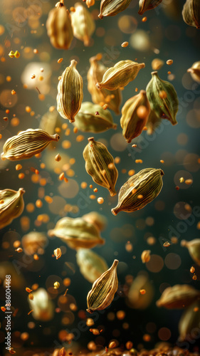 Aromatic Cardamom Pods in Flight on Warm Background