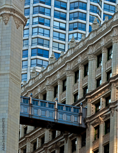 An isolated skyscraper detailed view showing a skybridge between buildings in Chicago, Illinois, USA_09102011_0749.