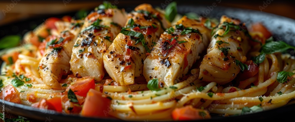 Spaghetti with chicken slices, Image Background Spaghetti with chicken slices, Image Background