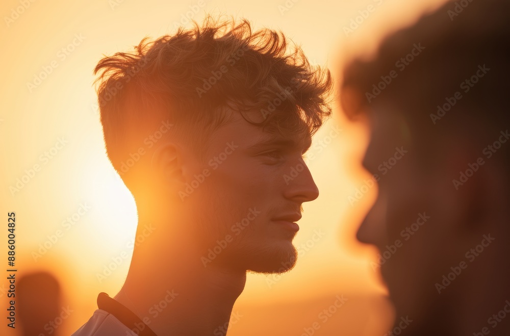Silhouette of a young man at sunset with a warm golden glow, creating a serene and peaceful atmosphere. Silhouette of a young man at sunset with a warm golden glow, creating a serene and peaceful atmosphere.