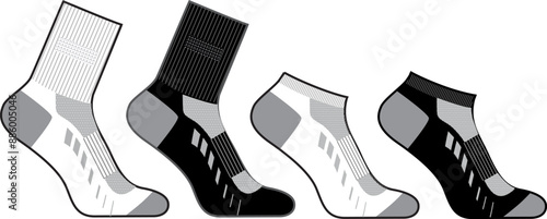 Sport socks flat sketch fashion illustration drawing template mock up, anklet socks and mid calf socks cad drawing for unisex men's and women's, athletic sock design