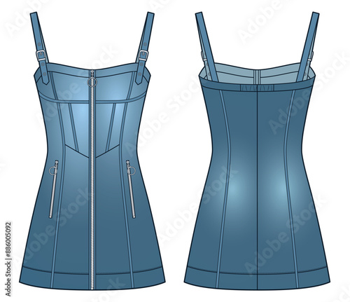 Overall Dress technical fashion Illustration. Denim mini Dress with buckle straps fashion flat technical drawing template, front zipper, pockets, front and back view, blue, women CAD mockup.