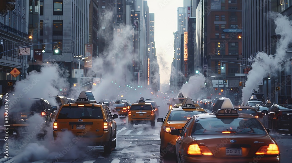 Obraz premium City streets clogged with vehicles, steam from exhausts creating a hazy scene.