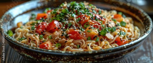 Thai-style noodles mixed with spicy tomatoes and meat, Image Background photo